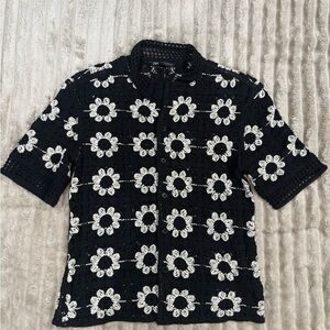 Zara Men's Crochet Black Shirt with White Floral Design